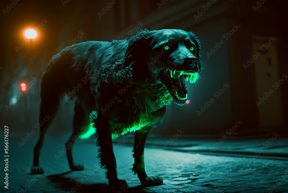 Wall mural scary black dog with  luminous eyes  at night city