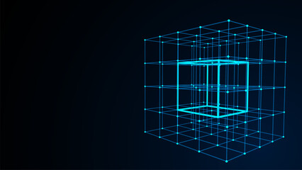 Wireframe cubes from different sides. Vector abstract geometric 3D objects. Technology block chain network connection.