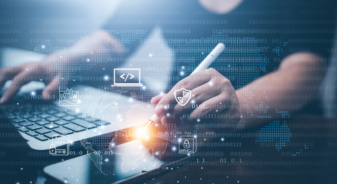 Businessman hand touch with Code html and programming on screen laptop,Programmer development Computer code,web design  coding technology in software, digital software technology development, IoT