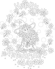 Happy Valentines Day card with a funny little witch holding a beautiful bouquet of flowers and merry butterflies flying around, black and white outline vector cartoon illustration