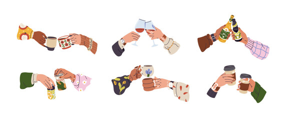 Cheers set, hands holding coffee cups, hot drinks, tea mugs, wine glasses, alcohol beverage in bottles. Friends, couples celebrating together. Flat vector illustrations isolated on white background
