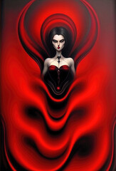 Fantasy horror sorceress or vampire in a flowing rippled red dress. Generative AI illustration.