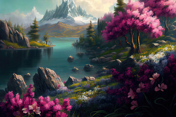 Coast of river or lake in forest with mountain in spring (Generative AI)