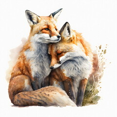 Two red foxes in love hug, Valentine's day and all lovers, isolate. Drawing for a book, postcard, print