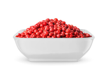 Red pepper in white bowl isolated on white. Front view.