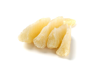 Pomelo Fruit Pieces Isolated on White, Big Yellow Grapefruit Pulp, Healthy Diet Pummelo