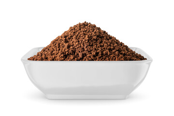 Instant granulated coffee in round bowl isolated on white. Front view.