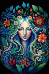 Fototapeta premium Illustration of a goddess of nature. Her hair merges with flowers. Colorful, magical tarot naive art. Created with generative AI.