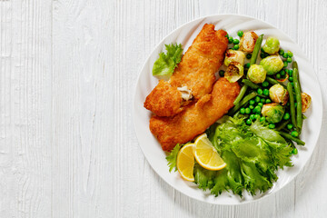 Crispy Beer Batter Cod Fish with green  vegetables