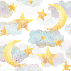 Moon with stars in clouds on a white background. Watercolor illustration. Seamless pattern from the BAMBOO collection. For decoration and design of fabric, textiles, wallpaper, packaging paper.