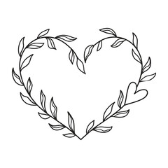Hand drawn rustic laurel floral frame. Branches heart wreath.