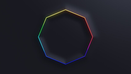 Black Surface with Embossed Shape and Rainbow Illuminated Trim. Tech Background with Neon Octagon. 3D Render.