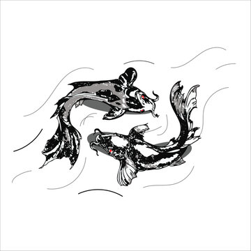 Symbol two fishes swim in different direction star sign logo birth star. Pices zodiac logo. Suitable design for postcard, wishes card, quotes card,  etc