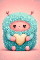 Adorable monster holding a heart. Cute valentines monster. Valentines day card. Art illustration