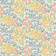Seamless floral pattern with gentle sketch meadow. Cute ditsy print, spring botanical design with small hand drawn plants: tiny flowers, leaves on a light background.  Vector illustration.