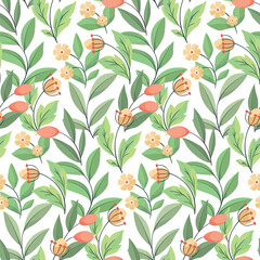 Seamless floral pattern with cute spring botany. Botanical print with decorative art wild plants: small flowers, berries, branches, large green leaves on a light background. Vector illustration.