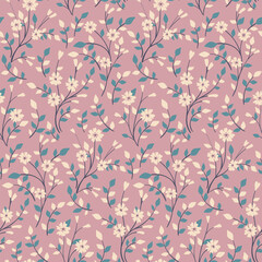 Seamless floral pattern, spring ditsy print with hand drawn pretty garden. Cute botanical design: small flowers, blooming branches, leaves on a delicate lilac background. Vector illustration.