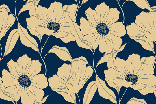 Seamless floral pattern, vintage botanical print with large hand drawn plants. Beautiful botanical background with cosmos flowers, leaves in two colors. Vector illustration.