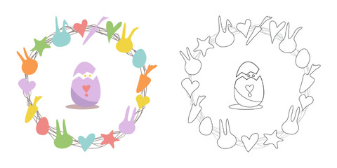Easter wreath and hutching egg coloring page / hand embroidery pattern, vector
