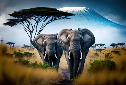 Elephants on african savanna with Mount Kilimanjaro. Generative AI