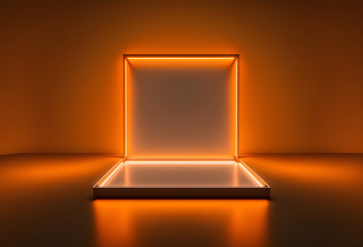 Neon Orange Product Display Showcase, Futuristic Mockup Stage, Glowing Square Background, 3d Illustration