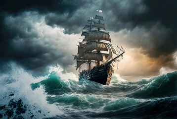 Pirate ship sailing at storm on the sea. Generative AI