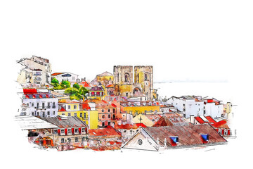 Lisbon panoramic view, old town with Lisbon Cathedral, Portugal, watercolor sketch illustration.