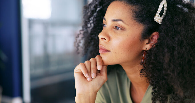 Computer, Face Or Startup Black Woman Programmer For Computer Cloud, App Coding Or Digital Schedule In Office. Tech, Cyber Employee Thinking Of Ai Software Code, UX Programming Or UI Data Analytics