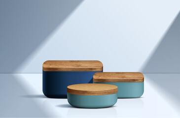 Set of minimal blue and wood realistic 3D cylinder and square pedestal podium in studio for stand show product display.