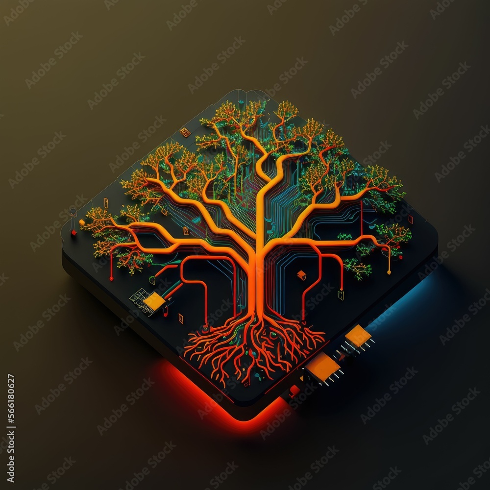 Aufkleber growing internet startup , digital green tree growing from network of data and information ,made wit