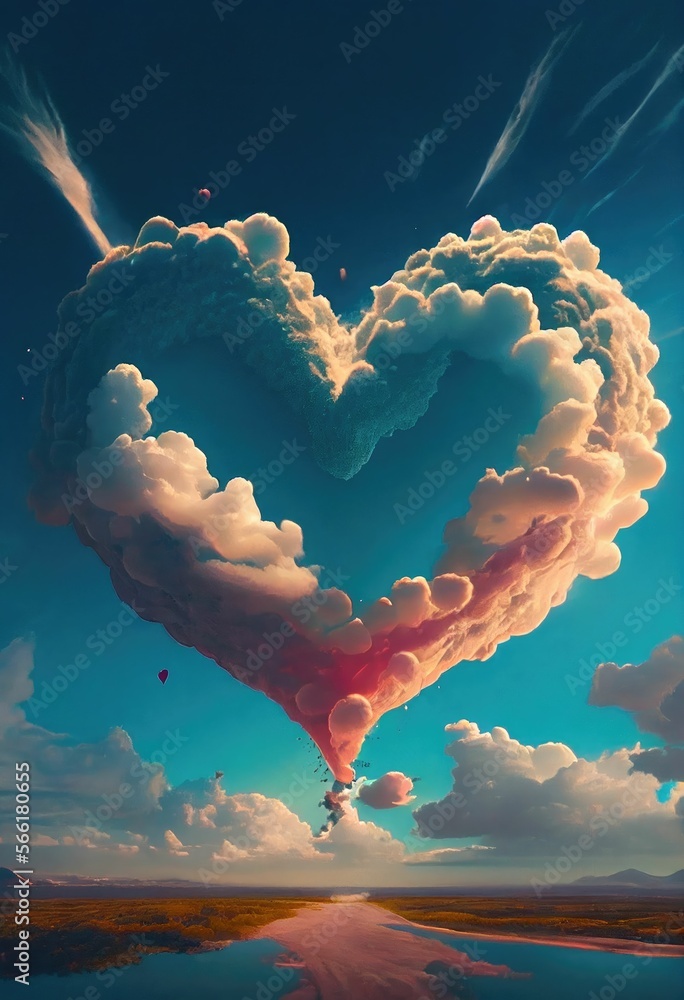 Poster beautiful colorful valentine day heart in the clouds as abstract background ,made with generative ai