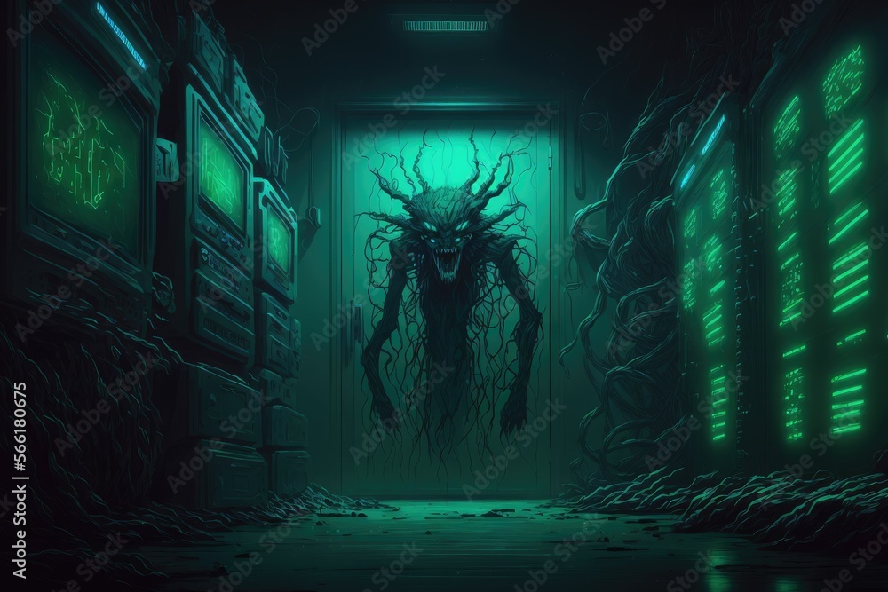 Aufkleber cyberpunk data center room with mainframe storage servers, vintage cloud network concept, hosting da
