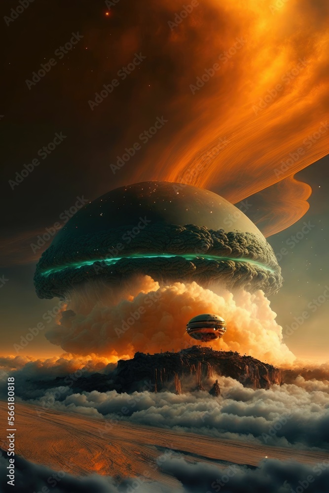 Poster a futuristic metropolis with a nebula, planet, and spacecraft ,made with generative ai