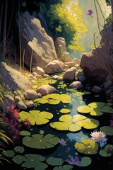 Water lilies , lotus flower floating on the water ,made with Generative AI