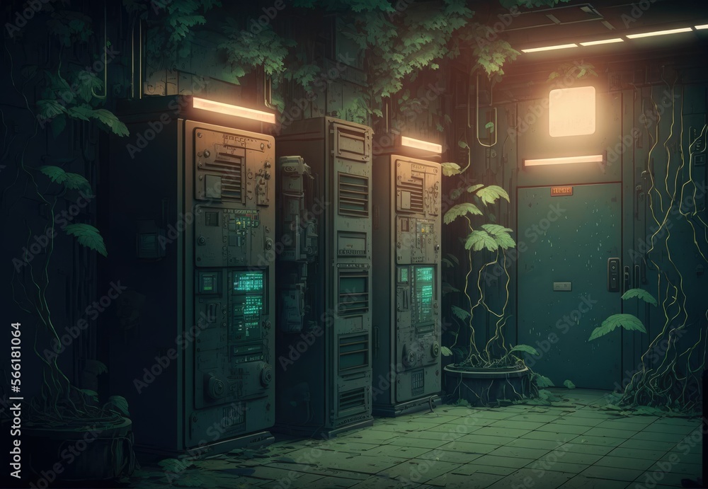 Aufkleber cyberpunk data center room with mainframe storage servers, vintage cloud network concept, hosting da
