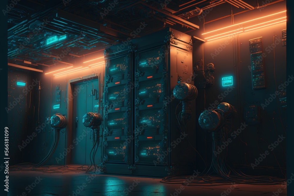 Aufkleber cyberpunk data center room with mainframe storage servers, vintage cloud network concept, hosting da