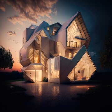 Creative luxury tiny house at night, futuristic concept ,made with Generative AI