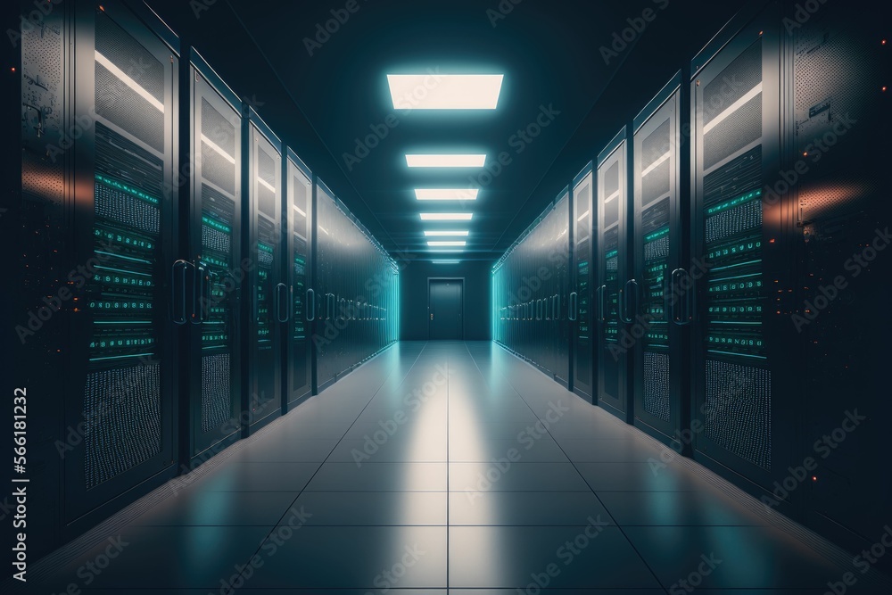 Poster data center with server room. platform for hosting contemporary internet contents. rack housing serv