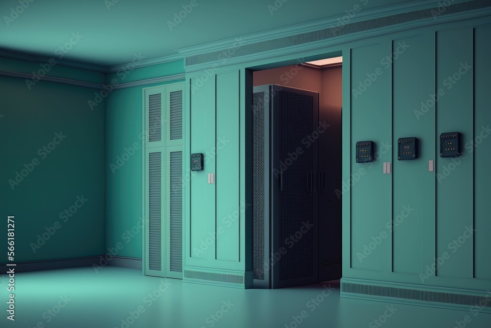 Aufkleber cyberpunk data center room with mainframe storage servers, vintage cloud network concept, hosting da