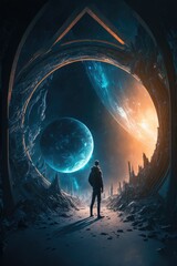 Adventurer walking through a giant gate to another world, fantasy art ,made with Generative AI