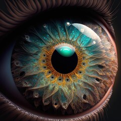 Abstract human blue eye, beautiful closeup zoom ,made with Generative AI