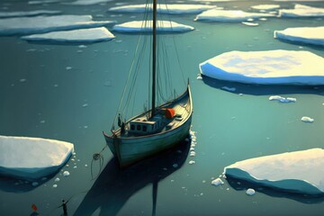 Old derelict vessel, vintage sailing ship among the icebergs in Antarctica ,made with Generative AI