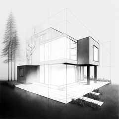 Architectural sketch of a modern house. Painting of a house sketch. Technical draw of modern two story house ,made with Generative AI