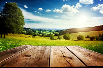 Fototapeta premium Wooden board with podium and green landscape of mountains. ai generative.