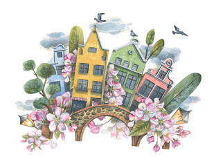 A cute houses with trees, a bridge, a lantern, a pigeon, clouds and apple blossoms. Watercolor illustration. Spring composition from the collection of EUROPEAN HOUSES. For the fabric, wallpaper. © NATASHA-CHU