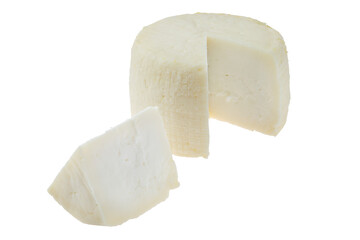 Small head of goat cheese with one section isolated on white - obrazy, fototapety, plakaty