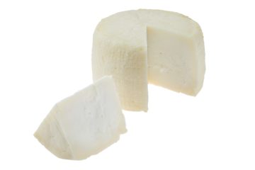 Small head of goat cheese with one section isolated on white