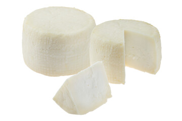 Two heads of goat cheese whole and cut isolated on white