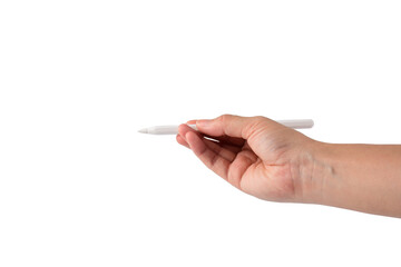 Hand holding a white stylus pen isolated on transparent background