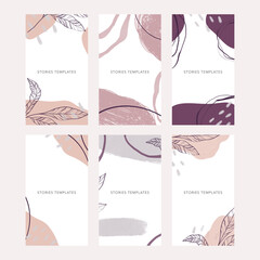 Collection of 6 abstract social media story templates. Space for text. Background frame with smooth pastel shapes.